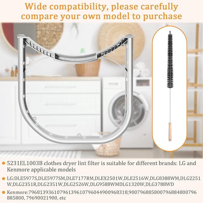 Patelai 5231EL1003B Dryer Lint Filter Replacement with Felt Seal and Vent Cleaner Brush Compatible with LG and Ken-more Dryer Lint Screen Replacement # 1266857, AP4440606,PS3527578,DLE2101W - AquaVibe