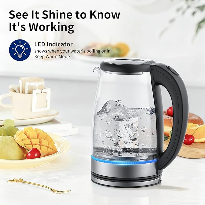 Electric Kettle Glass 2L, 1500W Fast Boiling Hot Water Boiler with Auto Shut-Off, LED Light, BPA-Free, Borosilicate Glass, Stainless Steel Interior, Wide Opening, Cordless Tea Kettle