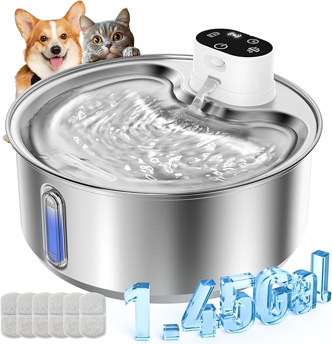 Stainless Steel Cat Water Fountain, 186fl.oz/1.45Gal Wireless Dog Water Fountain Battery Operated, Pet Water Dispenser Cordless for Cats & Dogs Indoor