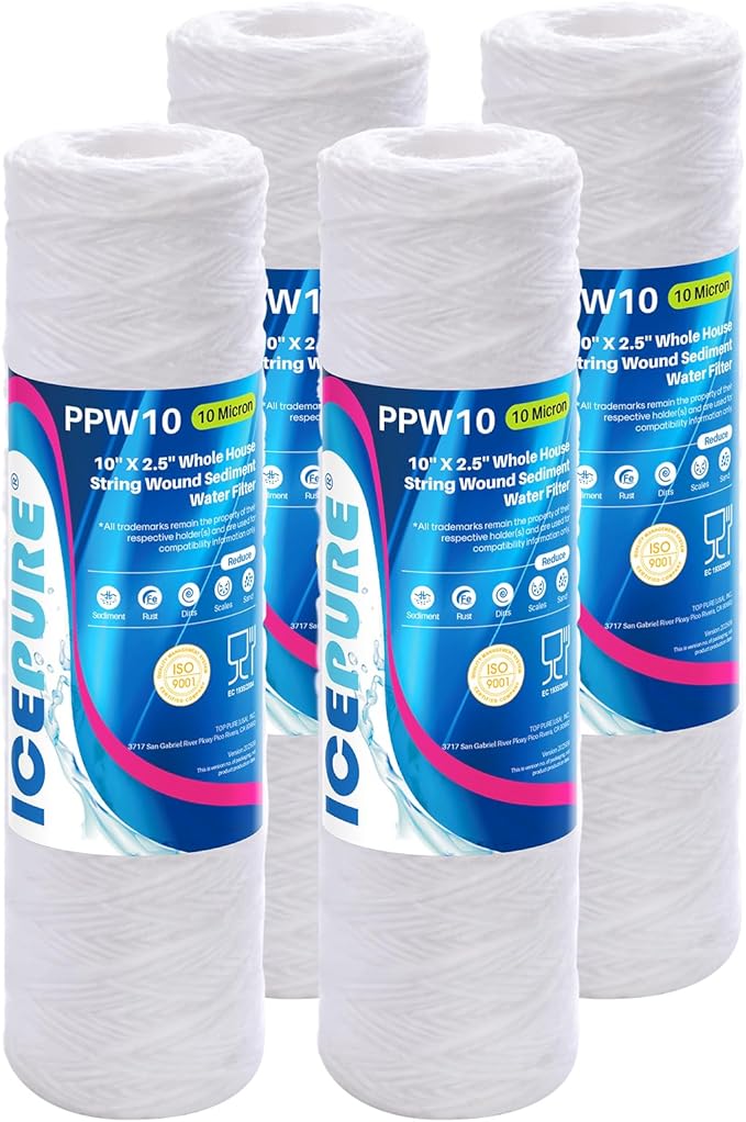 ICEPURE 10 Micron 10" x 2.5" String Wound Sediment Water Filter Cartridge for Well filter Universal Replacement for Any 10 inch RO Unit, WP-5, Aqua-Pure AP110 CFS110 Culligan P5 WFPFC4002 CW-MF, 4PACK