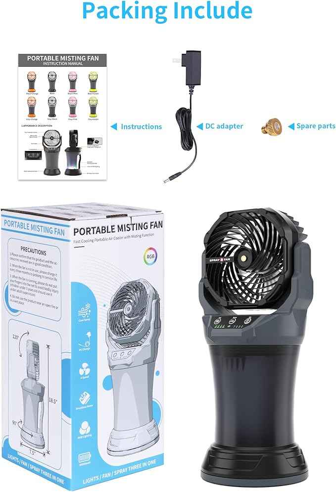 AVV Portable Misting Fan with RGB Ambient Light- 2L Water Tank, 4 Speeds & Spray Mist Fan, 30000mAh Rechargeable Misting Fans for Outdoor/Indoor Fans for Camping, Patio, Garden, Grey-Black