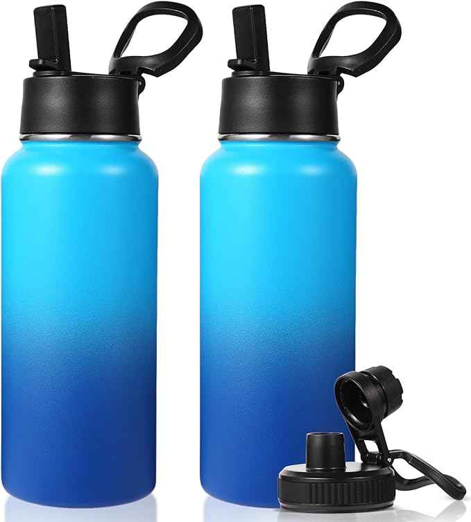 Neihepal 32 oz Insulated Water Bottles with 2 Lids (Straw & Spout Lid), 18/8 Stainless Steel Double Wall Water Bottle for Gym, Travel, Camping, Sports (Green Blue,2 Pack)