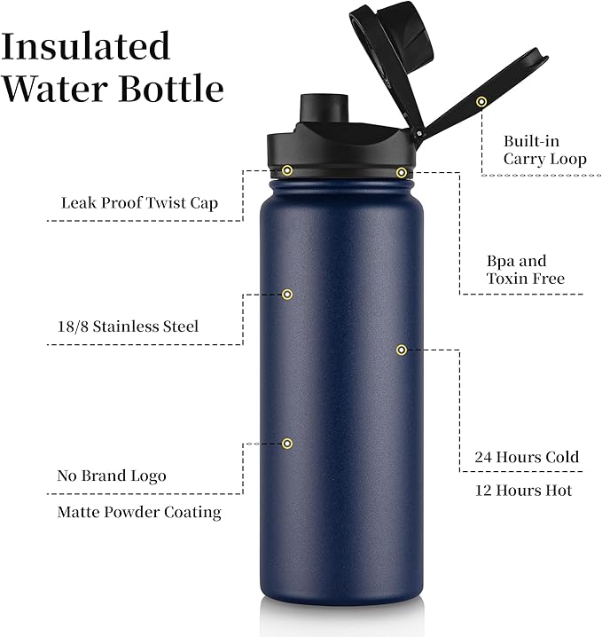 24 oz Insulated Water Bottle Bulk 4 Pack, Stainless Steel Sports Water Bottles with Straw Lid & Wide Mouth Lids, Double Walled Vacuum, Leak Proof, Navy Blue