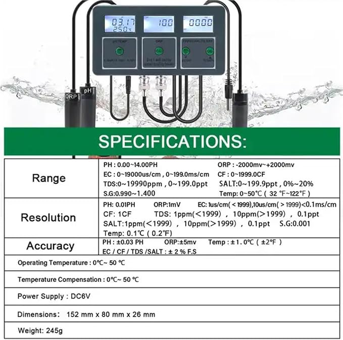 Upgrade Smart Water Quality Meter 8 in 1 PH EC TDS Salt S.G CF ORP Temp Tester Real Time Transmission WiFi Connection Water Quality Detector Water Monitor
