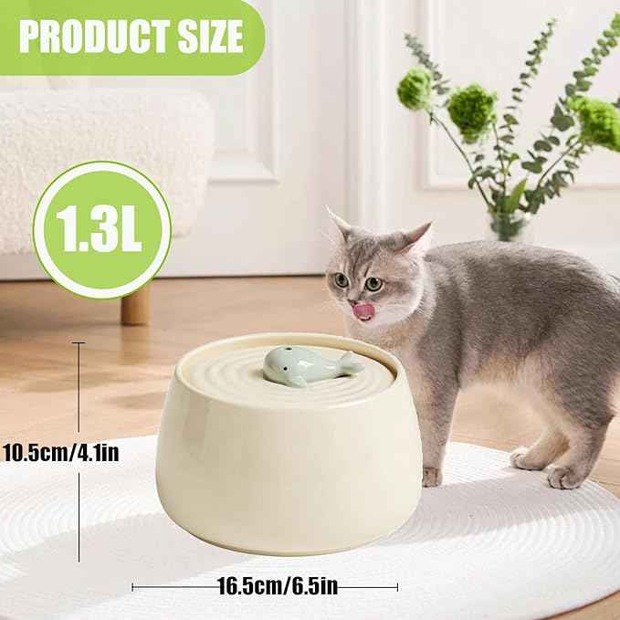 Ceramic Pet Feeding and Drinking Bowls, 1.3L/ 44oz Cat Water Fountain, Pet Drinking Fountain for Cats Dogs Indoor, Cat Water Dispenser with Filters, Silent Automatic Pet Water Fountain, Off White