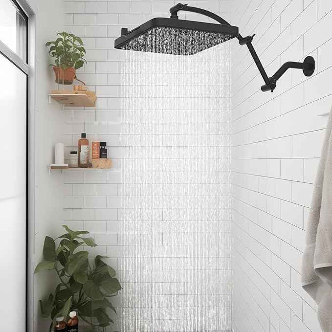 Hibbent Rain Shower Head, 13'' High Pressure Rainfall 5 Spray Mode Showerhead with 16" Shower Head Extension Arm, Solid Brass Adjustable Shower Arm Extender, Waterfall fixed Showerheads, Matte Black