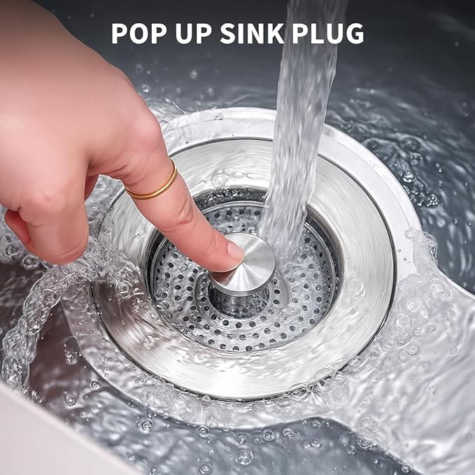 PROFECTUS 3 in 1 Kitchen Sink Drain Strainer and Stopper, 304 Stainless Steel Pop Up Sink Drain Stopper with Hair Catcher, Anti-Clog Sink Strainer for Standard 3-1/2” Kitchen Drains (SUS304 Brushed)