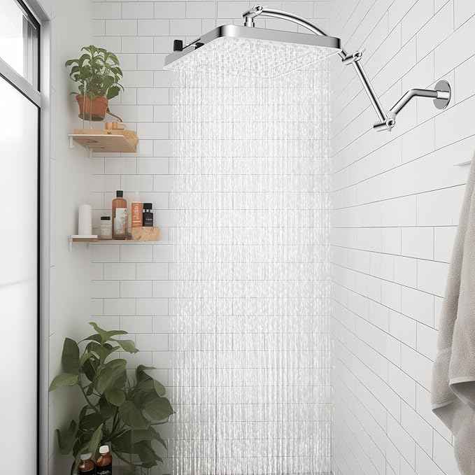 Hibbent Rain Shower Head, 13'' High Pressure Rainfall Square 5 Spray Mode Showerhead with 16" Shower Head Extension Arm, Solid Brass Adjustable Shower Arm Extender, Waterfall fixed Showerheads, Silver