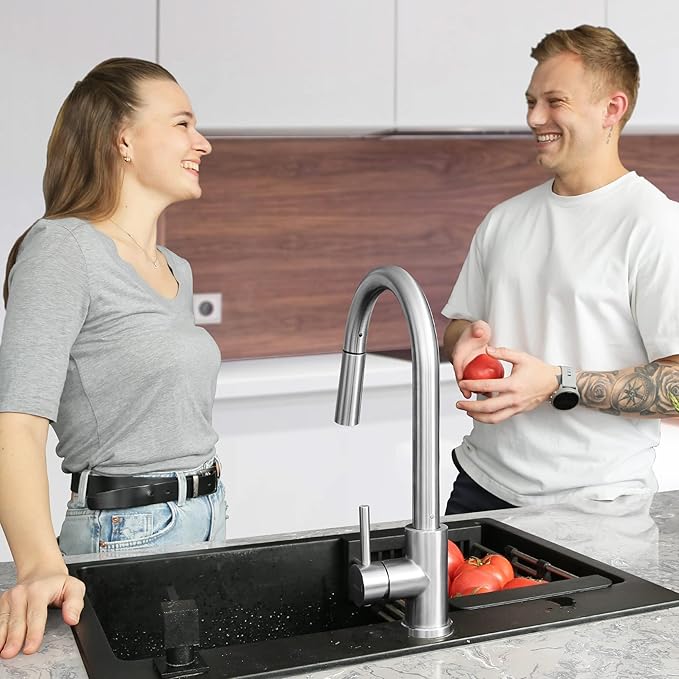 APPASO Kitchen Faucet with Soap Dispenser: Brushed Nickel S304 Stainless Steel Sink Faucets with Pull Down Sprayer 2 Modes, Modern Single Handle High Arc for Sink RV Bar, Easy to Install & No Leaking