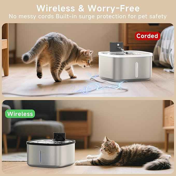 Wireless Cat Water Fountain Stainless Steel, 118oz/3.5L Cordless Automatic Pet Water Dispenser for Cats Indoor, with Motion Sensor, Ultra Quiet Pump, Rechargeable & Multi-Filtration-8Filters