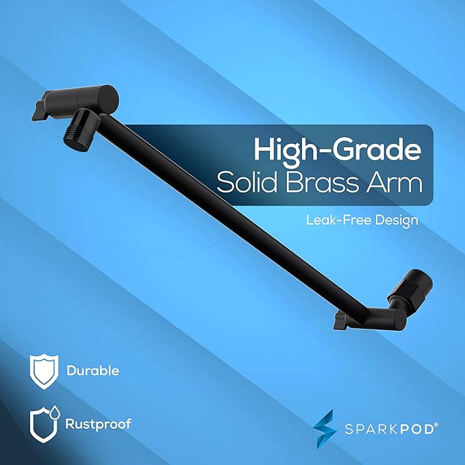 SparkPod Round Rain Shower Head with Extension Arm - Height Adjustable Shower Head with High Pressure Performance - Easy 1-Minute Installation (16" Arm Extension, Midnight Black Matte)