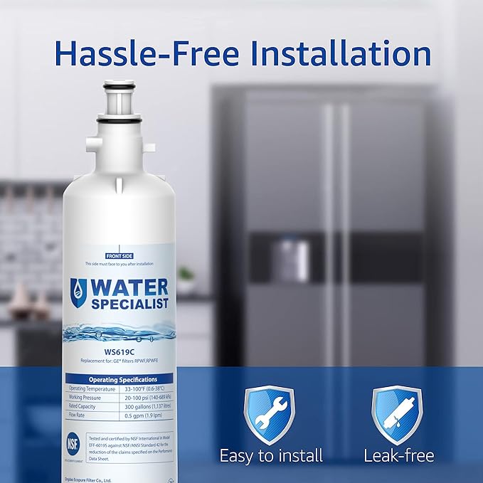 Waterspecialist WS619C Replacement for RPWFE®, RPWF (Built-in CHIP) Refrigerator Water Filter, Compatible with GYS22GMNES, GYE22HSKSS, PYE22PELDS, GFE26GMKES, GFE26GGHWW, GFE28GYNFS, PFE28KYNFS