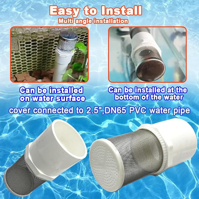 2.5 inch stainless steel filter cover connected to DN65/2.5" PVC water pipe, Suction Strainers 360 degree mesh rapid filtration used to remove debris and reduce solid entry