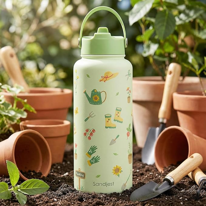 Gardening Gift for Women, Water Bottle Stainless Steel 32oz with Lid & Straw, Plants Lover Insulated Bottles Gifts for Girls Friends Teens Birthday Christmas