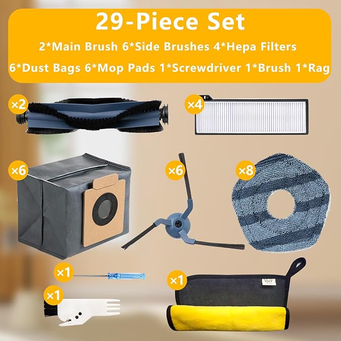 Yivy 29 Pack Accessories Kit Replacement Parts Compatible with Eufy X10 Pro Omni Robotic Vacuum Cleaner,2 Main Brushes,6 Sweeping Brushes,4 HEPA Filters,6 Vacuum Bags,8 Mop Pads,etc. - AquaVibe