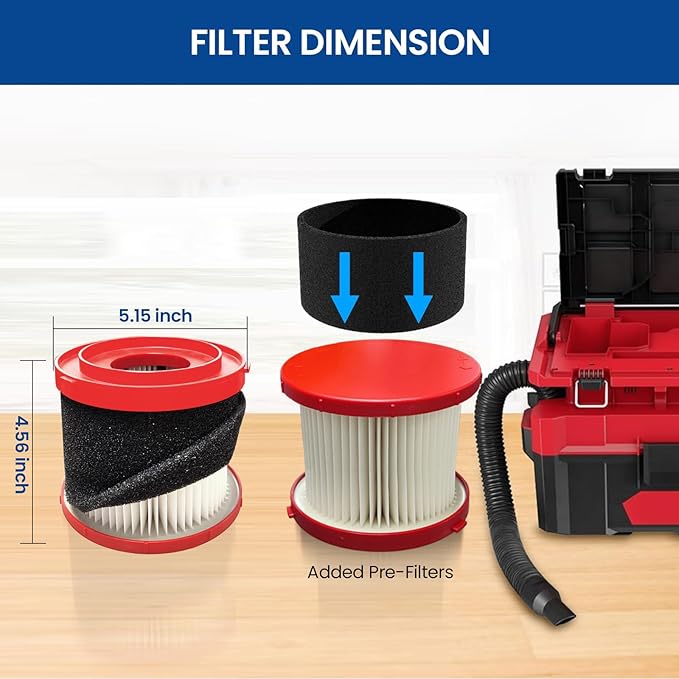 2 Pack 49-90-1900 Replacement HEPA Filter Compatible with Milwaukee Cordless M18 Vacuum 0780-20 0880-20, with 6 Foam Sleeve Filters 1 Brush - AquaVibe