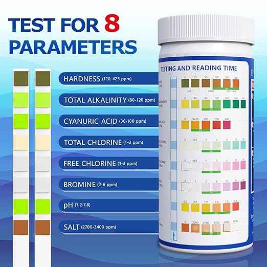 Pool Salt Test Strips - Salt Water Pool Testing Kit - 125 Swimming Pool Spa Hot Tub Test Strips - Rapid Accurate Easy to Test Hardness, Bromine, pH, Salt and More (8-Way)