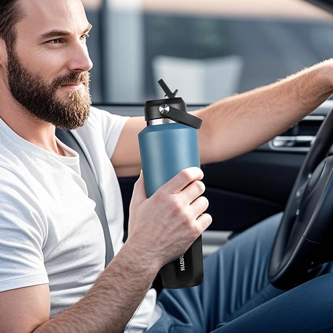 HYDROWION 32 oz Insulated Water Bottle, Car Water Bottle Holder - Double Wall Vacuum Insulated Travel Bottle with Straw Lid, Spout Lid and Flex Cap - Cold for 24H, Hot for 12H, Blue - Black