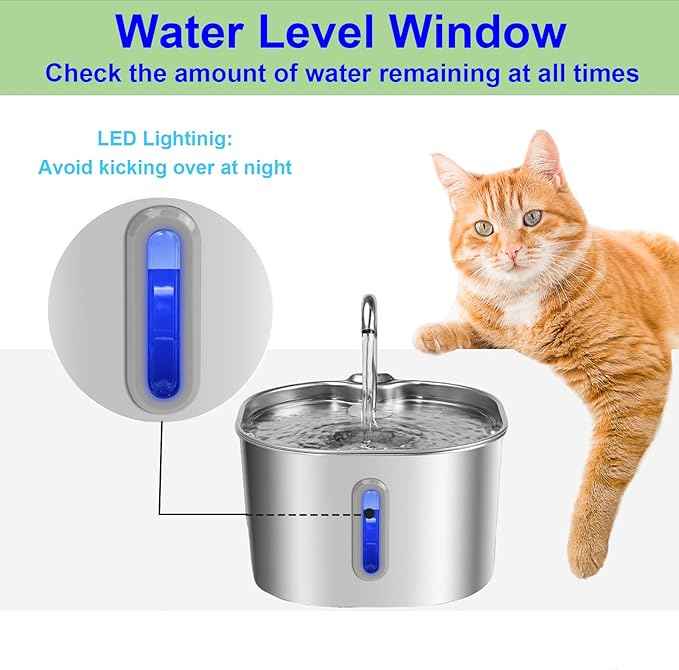 Cat Water Fountain Stainless Steel: 74oz/2.2L Cat Fountain for Drinking - Water Fountains for Cats Indoor - Quiet pet Water Fountain - Kitty spout cat Water Fountain - for Pets& Small Animals