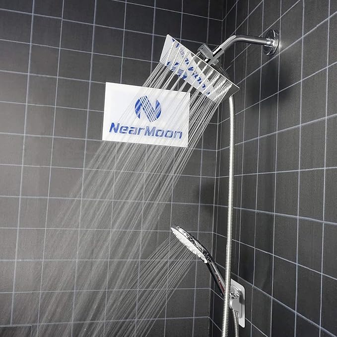 NearMoon Shower Head with Hose, High Pressure Stainless Steel Rain Shower and 3 Settings Handheld Spray Combo with Push Button Flow Control (8 Inch Showerhead Set, Chrome Finish) - AquaVibe