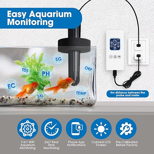 Smart Aquarium Water Quality Monitor 7-in-1 pH, Temperature, TDS, EC, Salinity, ORP & Specific Gravity Real-Time Alerts with App Control, Replaceable Probe for Freshwater, Saltwater, Reef & Ponds