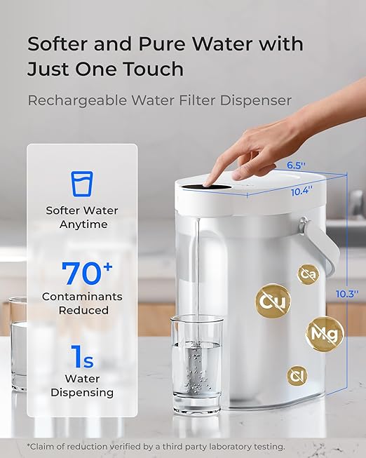 Waterdrop Rechargeable Water Filter Dispenser, 5-Stage Long-Life Instant Electric Powerful Pitcher, Reduce 70+ Contaminants, Soften Water, 15-Cup Countertop Water Filtration System, with 2 Filters