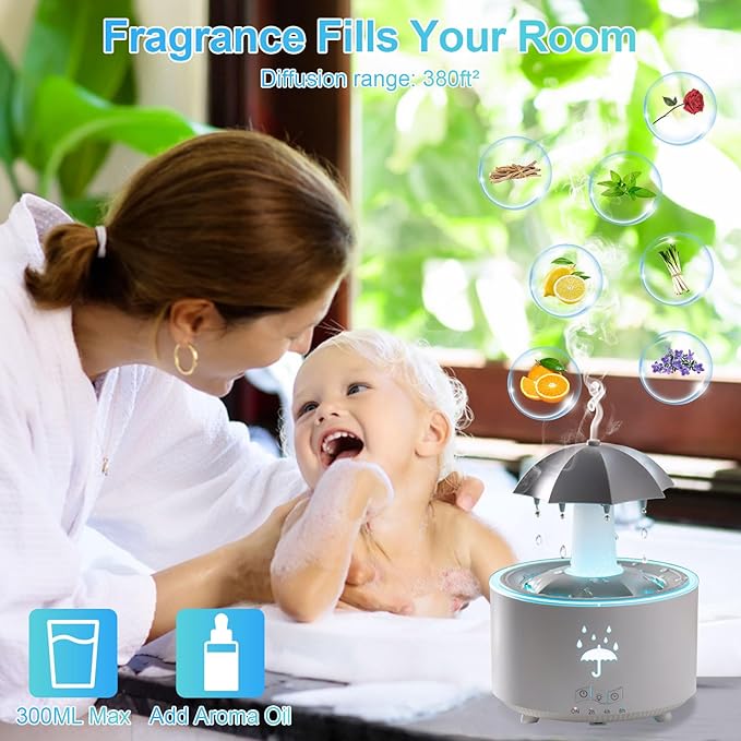 Raindrop Humidifier for Bedroom and Office, Essential Oil Diffuser with 7-Color LED Lights, 4-Timer Air Humidifier, Ideal 300ML Mini Air Vaporizer for Nursery & Families (White Rotatable Umbrella)
