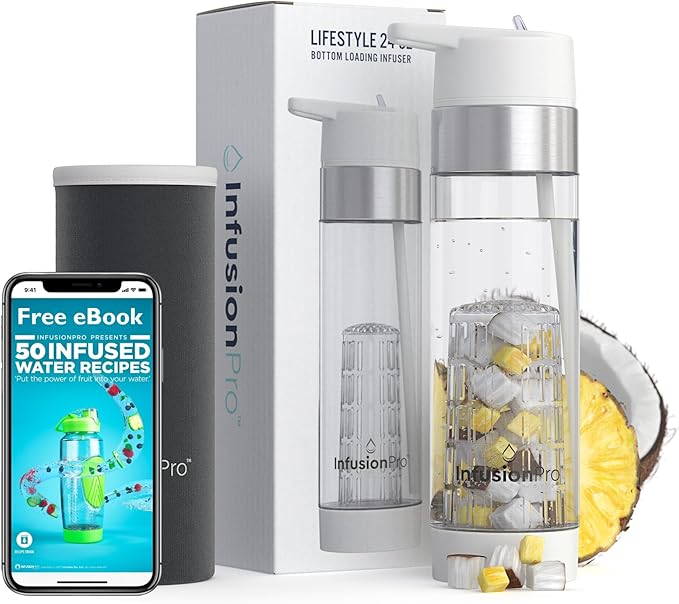 Infusion Pro Fruit Infuser Water Bottle with Straw Lid 24 oz : Flip-Up Straw : Insulated Sleeve & Fruit Infusion Water eBook : Bottom Loading Infuser for More Flavor - Cloud