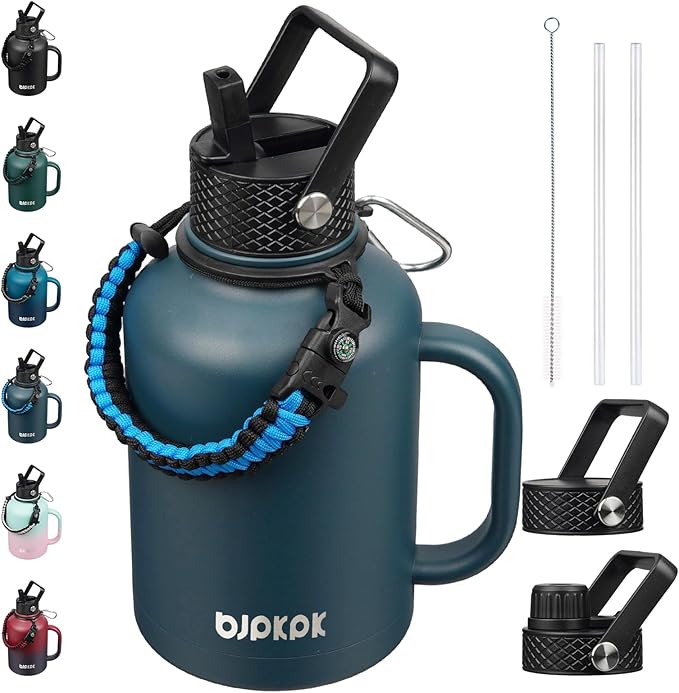 BJPKPK Large Insulated Water Bottles with Straw Lid & Handle, 50oz Water Bottle with 3 Lids and Paracord Strap, Stainless Steel Metal Water Bottle, Insulated Water Jug, Navy Blue