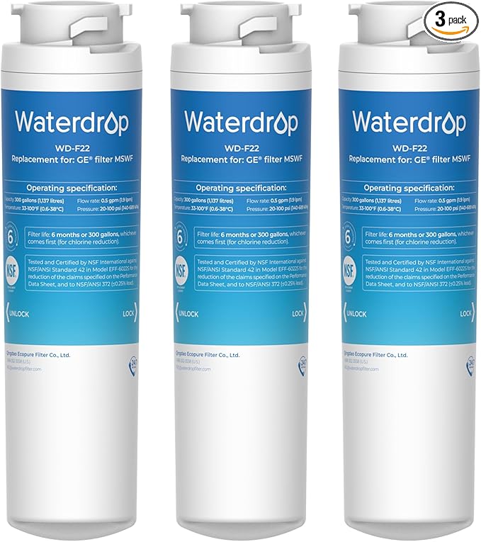 Waterdrop MSWF Refrigerator Water Filter, Replacement for GE® MSWF, 101820A, 101821B, RWF1500A, NSF 42&372 Certified, Pack of 3 - AquaVibe