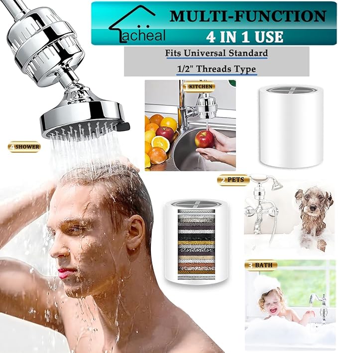 20-Stage Shower Head Filter-Shower Head Filter for Hard Water, with 4 Replaceable Filter Cartridges, High Output Shower Water Filter for Removing Chlorine and fluoride