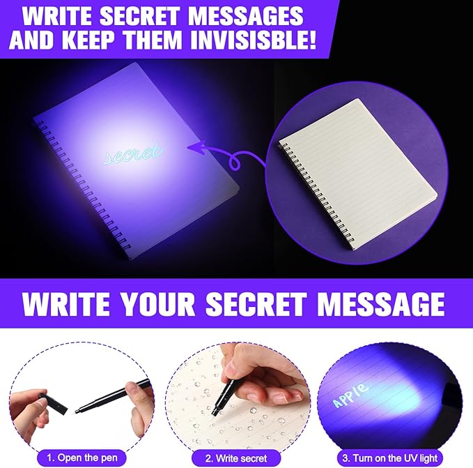Tegeme 8 Pcs Black Light Markers Set 4 Invisible Ink Pen 4 Mini UV Flashlights Invisible Ink Marker Disappearing Pen for Spy Gadgets Secret Message Gift Party Favors(Black)