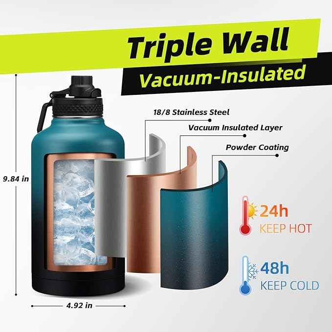 Gallon Water Bottle Insuated - Cold for 48H, 64 oz Water Bottles with Carrier Bag, Straw & Auto Chug Lid, Paracord Handle & Protective Boot, 1/2 Gallon Water Bottle Stainless Steel Water Jug
