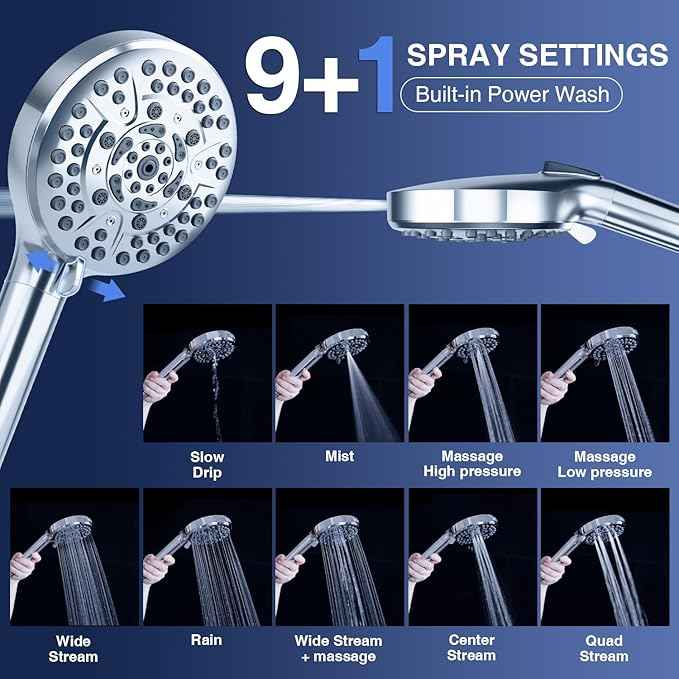 PALAS Filtered Shower Head with Handheld, High Pressure 10-Mode with Filters, Built-in Power Wash, soften hard water Remove Chlorine, Reinforced Hose, Overhead Bracket, Anti-clog nozzle (Chrome)