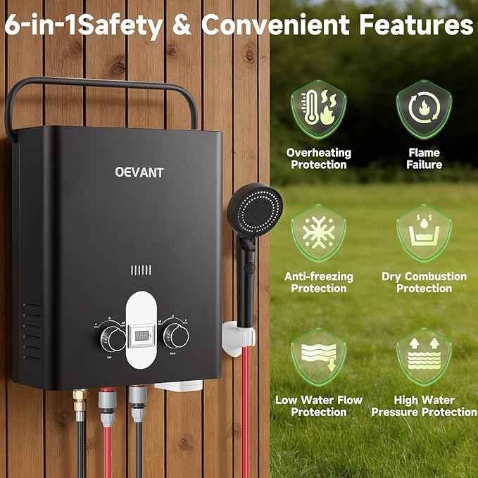Propane Water Heater, 1.32 GPM 5L Portable Tankless Water Heater with Overheating Protection, Upgrade Screw-free Back Shell, Instant Hot Water for RV Camping, Outdoor Shower (BLACK)