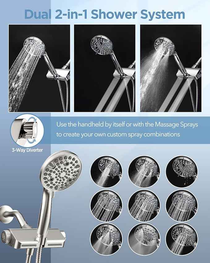 MakeFit Filtered Shower Head with Handheld Combo Brushed Nickel - Dual 2-in-1 Spa System with Massage Shower Head and 10 Modes Hand Held Showerhead, High Pressure, Buit in Power Wash Mode