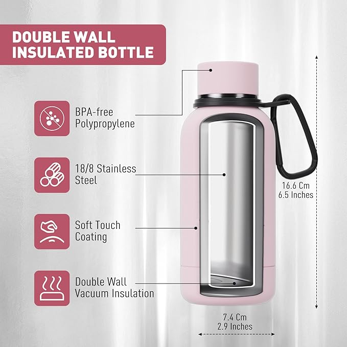Exllena Small Water Bottle 12oz with Clip, Double Wall Stainless Steel Vacuum Small Insulated Water Bottle Keeps Drinks Cold 24 Hrs/Hot 12 Hrs for Kids Handbag School BPA Free (Pink)