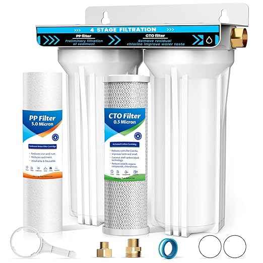 RV Dual Water Filter System, 4-Layer 2 Stage RV Water Filtration System, Removes Sediments,Chlorine,Heavy Metals, Odors, Water Filter for RV, Campers, 3/4'' Lead-Free Hose Quick Connectors