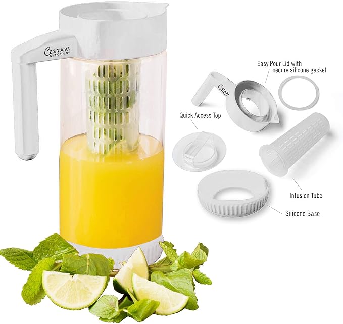 Premium Glass Water Pitcher with Fruit Infuser | BPA Free Borosilcate Glass Infuser Pitcher with Lid | Enjoy Infusing Hot + Cold Tea, Coffee, Water, Juice, Vodka, Tequila - White 44 oz - Cestari.