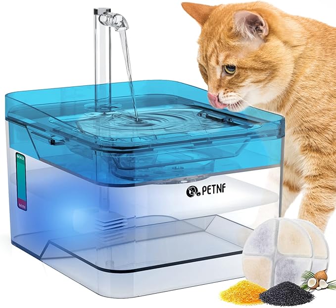 PETNF Blue Pet Water Fountain, 101oz/3L Automatic Cat and Dog Water Dispenser with LED Light, Ultra Quiet Pump, 3 Flow Settings & 2 Filters - AquaVibe