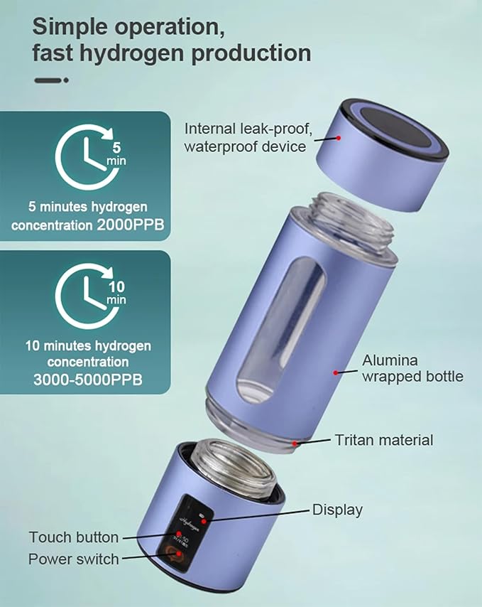 New Electrolyzed Water Cup, Smart Portable Hydrogen Production Bottle, 5000ppb Hydrogen-Rich Water Cup, with Touch Screen, High Concentration H2 Water Bottle