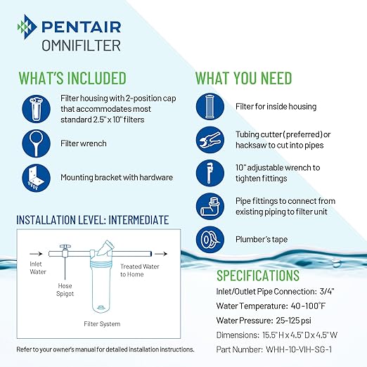 Pentair OMNIFilter Whole Home Valve-in-Head 10" Standard Duty Water Filtration System with Pressure Relief, Blue/Clear