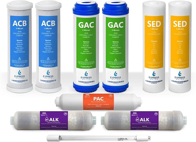 Express Water – 1 Year Reverse Osmosis System Filter Set – 10 Filters – Carbon GAC ACB PAC, Sediment SED, Alkaline, and UV Filters – 10 inch Size Replacement Water Filters