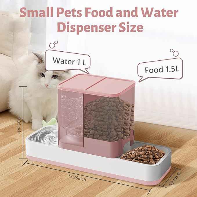 Yummy Sam Automatic Small Pet Feeder and Water Dispenser, 2 in 1 Gravity Cat Auto Pet Feeder and Waterer Set Feeder Dish for Small Medium Pets Dog Puppy Kitten (Pink)