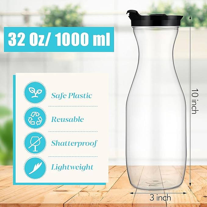 Gejoy 6 Pcs Plastic Water Carafe with Lids 32 oz Clear Juice Pitchers for Mimosa Bar Drinks Milk Iced Tea Beverage Containers for Home Restaurant School Fridge, Not Dishwasher Safe (Black Cap)