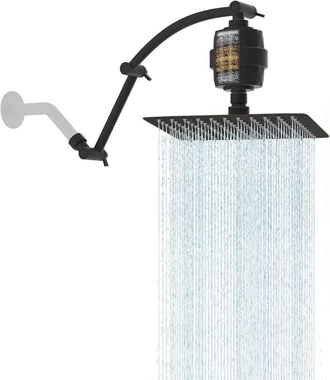 Hibbent All Metal Rain Filtered Shower Head, 10'' High Pressure Rainfall Showerhead with 16" Shower Extension Arm, 20 Stage Shower Filter, Solid Brass Adjustable Shower Arm Extender, Oil-Rubbed Bronze