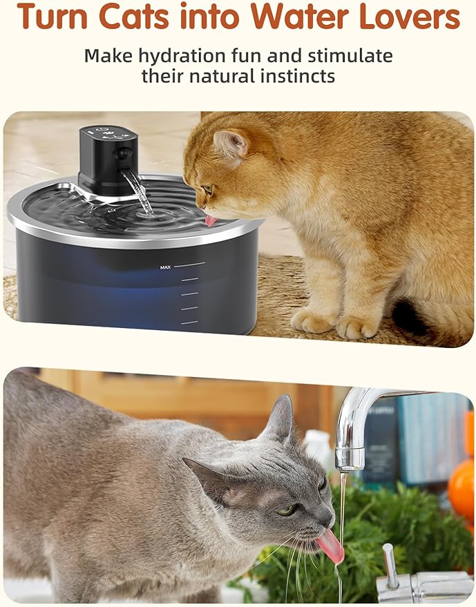 Stainless Steel Wireless Cat Water Fountain 3.2L/108oz Automatic Cat Water Dispenser 4000mAh Battery Operated Large Capacity Pet Water Fountains for Cats Dogs (ABS)
