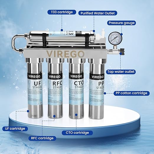 0.01μm Ultra Filtration Under Sink Water Filter System with Real-time Pressure Gauge, Water Filter Under Sink Import and Export Dimension Are DN15, for 99.99% Cl Reduction (with 5 Filter and 1 Faucet)