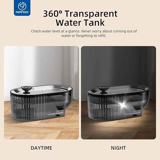 Cat Water Fountain Stainless Steel with a Silicone Mat, 84oz/2.5L Automatic Cat Water Fountain with Water Level Window and LED Light, Quiet Low Power Cat Water Bowl & Cat Water Dispenser(Black)
