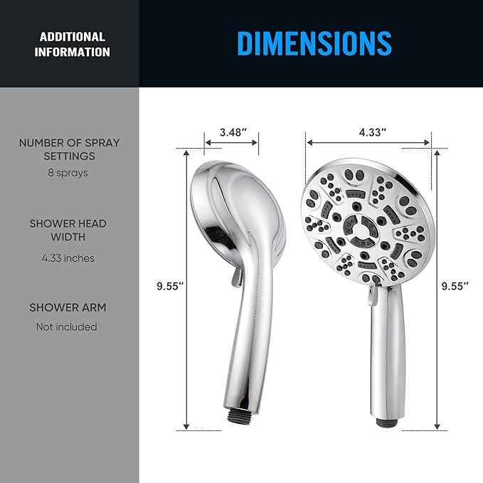 Cobbe High Pressure 8 Functions Shower Head with handheld - Powerful Detachable Shower Head Set for Low Water Pressure - Tool-less 1-Min Installation (Chrome)